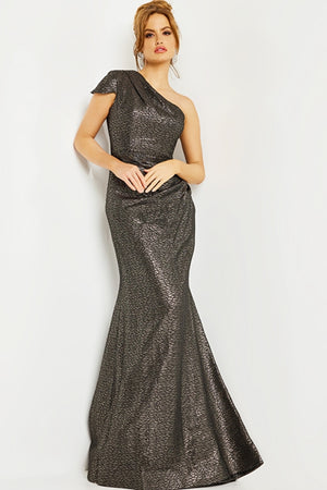 One Shoulder Cobalt Metallic Evening Gown By Jovani 06751
