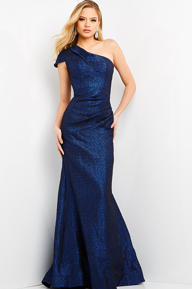 One Shoulder Cobalt Metallic Evening Gown by Jovani 06751 8 / Champagne (Ivory) One Shoulder Cobalt Metallic Evening Gown by Jovani 06751 8 / Champagne (Ivory)