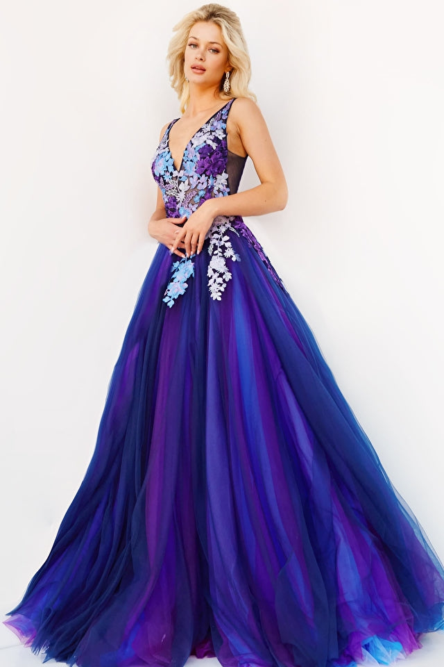 Sleeveless Navy Floral Embroidered Ball Gown by Jovani 06807