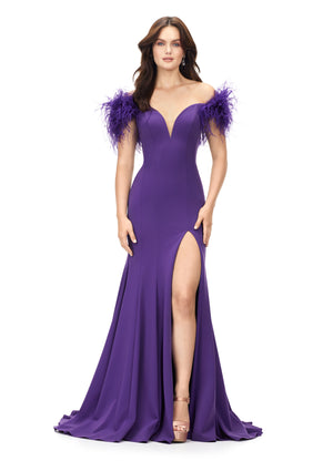 Ashley Lauren 11101 Feathers Off-the-shoulders Scuba Evening Dress