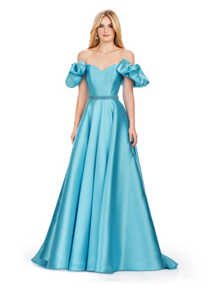 Ashley Lauren 11542 Off Shoulder Mikado Ball Gown with Puff Sleeves