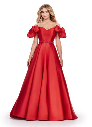 Ashley Lauren 11542 Off Shoulder Mikado Ball Gown with Puff Sleeves