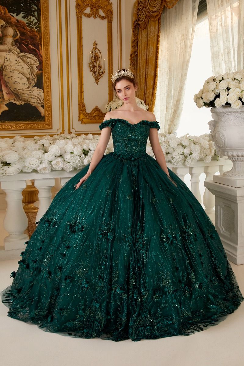 Emerald Green Quinceanera Dresses Ball Gown 3D Flowers Gold Appliques Sweet  15 | eBay