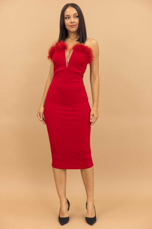 Feather Detailed Chic Midi Length Dress V19925 L / Red Feather Detailed Chic Midi Length Dress V19925 L / Red