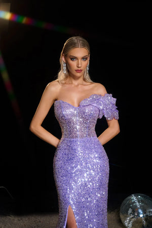 On Sale Size 12 One-Shoulder Beaded Couture Dress