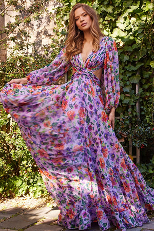 Jovani 23324 Floral Print V-Neckline Maxi Dress