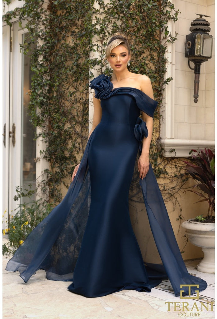 Terani 242M3342 One Shoulder Flowers Appliques Fitted Gown