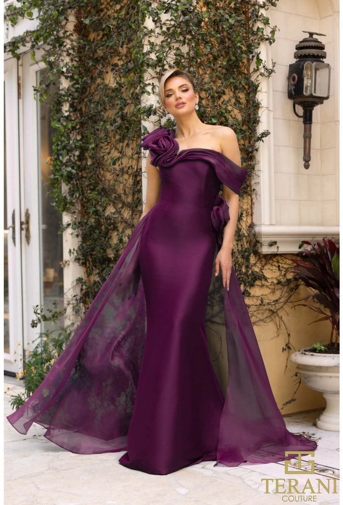 Terani 242M3342 One Shoulder Flowers Appliques Fitted Gown