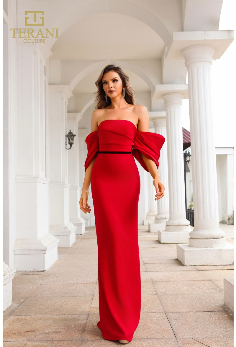 Terani 251E4204 Off the Shoulder Fitted Long Dress 12 * / Red Terani 251E4204 Off the Shoulder Fitted Long Dress 12 * / Red