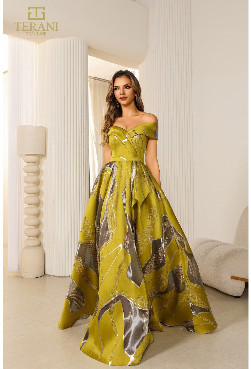 Terani 251E4208 Off the Shoulder Evening Dress 16 / Gold Terani 251E4208 Off the Shoulder Evening Dress 16 / Gold