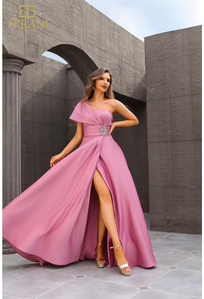 Terani 251M4441 One Shoulder Wrap A-line Evening Dress Rose (Pink) / 14 Terani 251M4441 One Shoulder Wrap A-line Evening Dress Rose (Pink) / 14