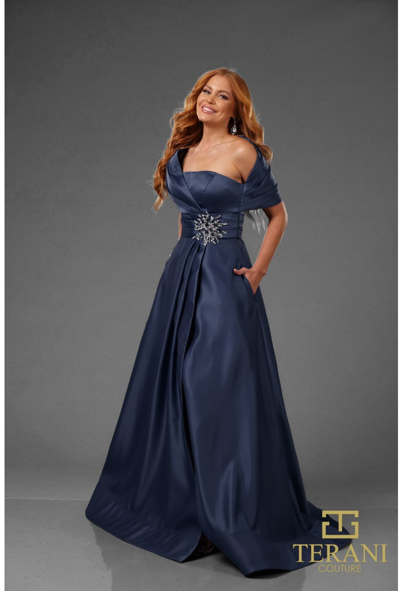 Terani 251M4441 One Shoulder Wrap A-line Evening Dress Sparkly Gowns Terani 251M4441 One Shoulder Wrap A-line Evening Dress Sparkly Gowns
