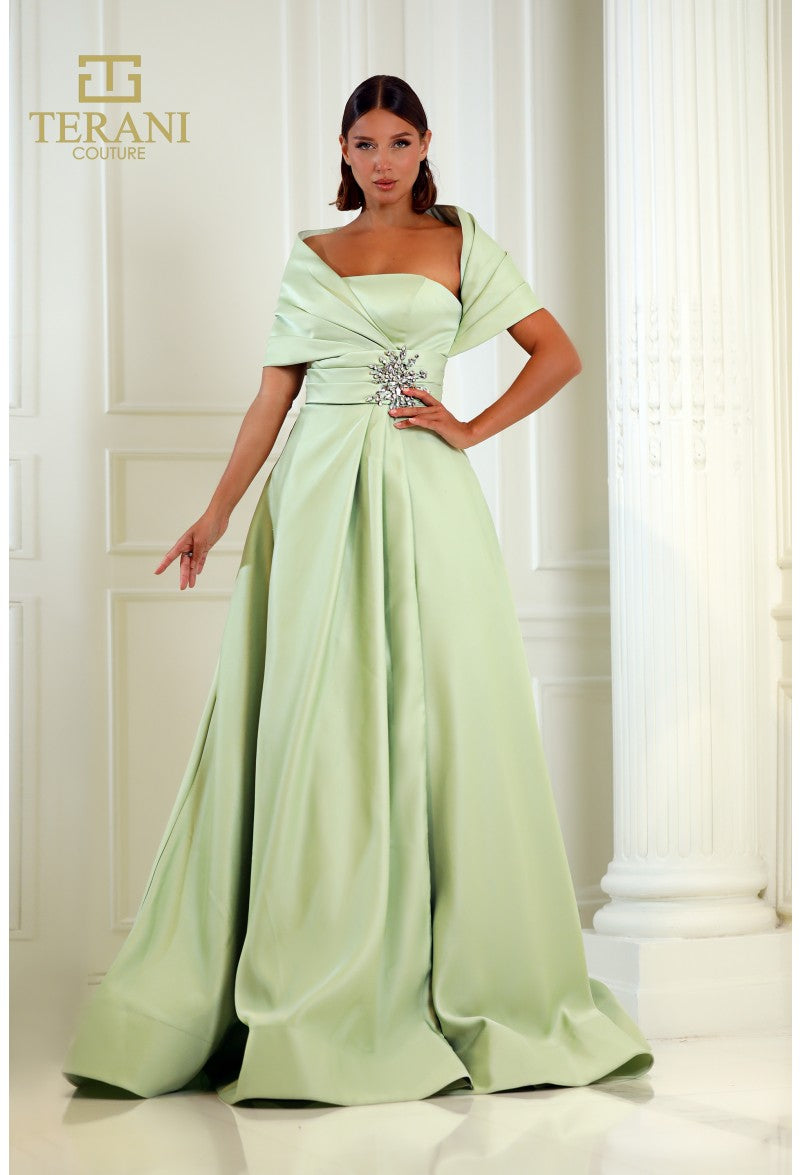 Terani 251M4441 One Shoulder Wrap A-line Evening Dress Sage (DarkSeaGreen) / 10 Terani 251M4441 One Shoulder Wrap A-line Evening Dress Sage (DarkSeaGreen) / 10