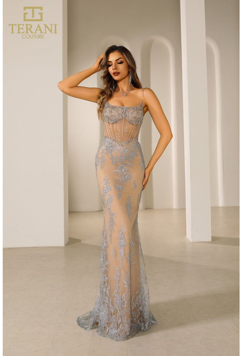 Terani Couture 251P4366 Beaded Long Dress 4 / Silver Terani Couture 251P4366 Beaded Long Dress 4 / Silver