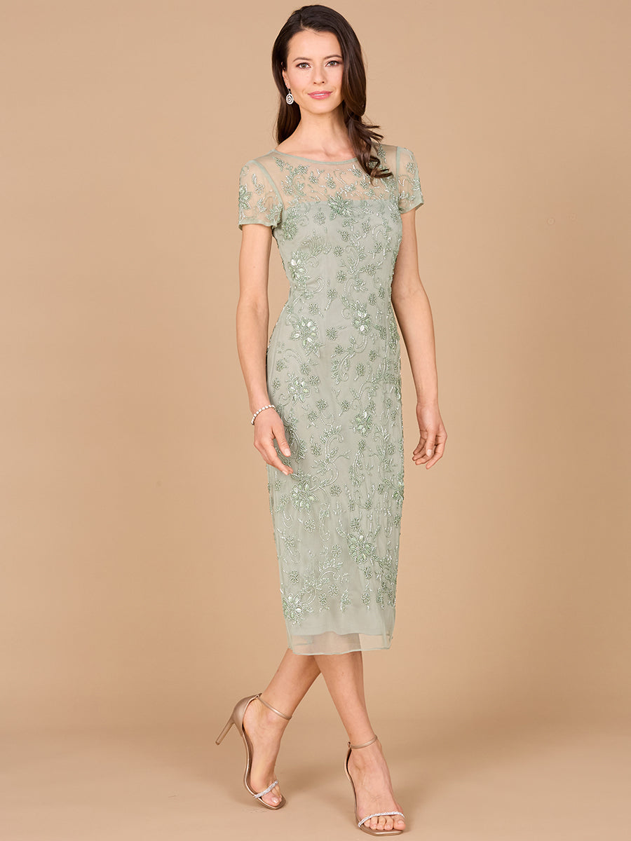 Beaded Midi Dress with Cap Sleeves 28997 Sparkly Gowns Beaded Midi Dress with Cap Sleeves 28997 Sparkly Gowns