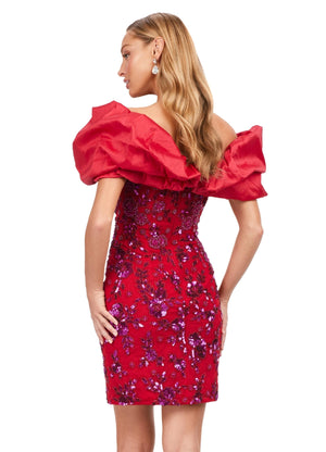 Ashley Lauren 4613 Beaded Off Shoulder Cocktail Dress with Oversized Ruffle