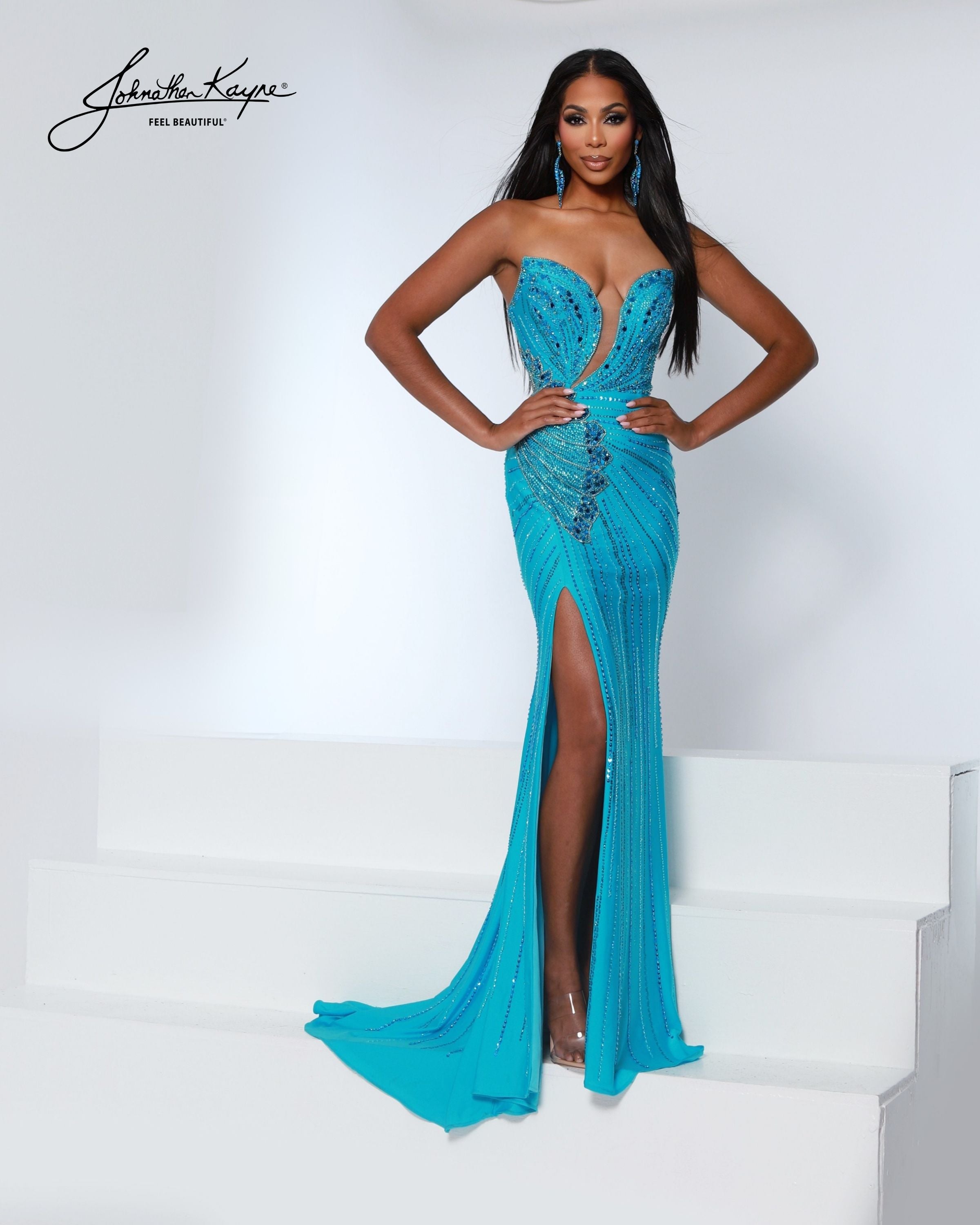 Johnathan Kayne 3200 Strapless Beaded Evening Gown Aqua / 2 Johnathan Kayne 3200 Strapless Beaded Evening Gown Aqua / 2