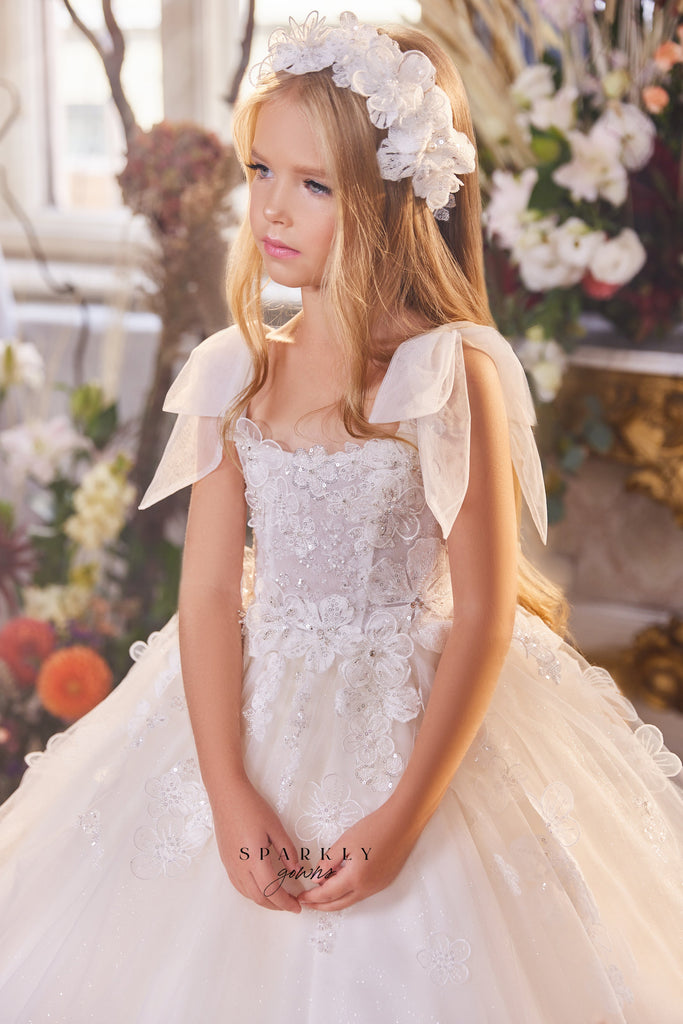 Satin Lace and Heavy Beaded First Communion Gown - FirstCommunions.com