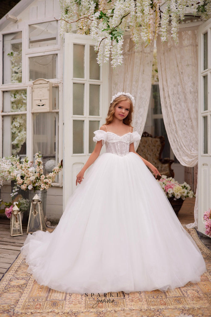 white first communion dress Mia Bambina Off-White Mikado Satin Gown with Pearl Neckline Gloria First Communion Pure White Dress for Girls Embrace the angelic beauty of this sacred occasion with our Gloria White First Holy Communion Dress White Flower Girl Dress,First Communion