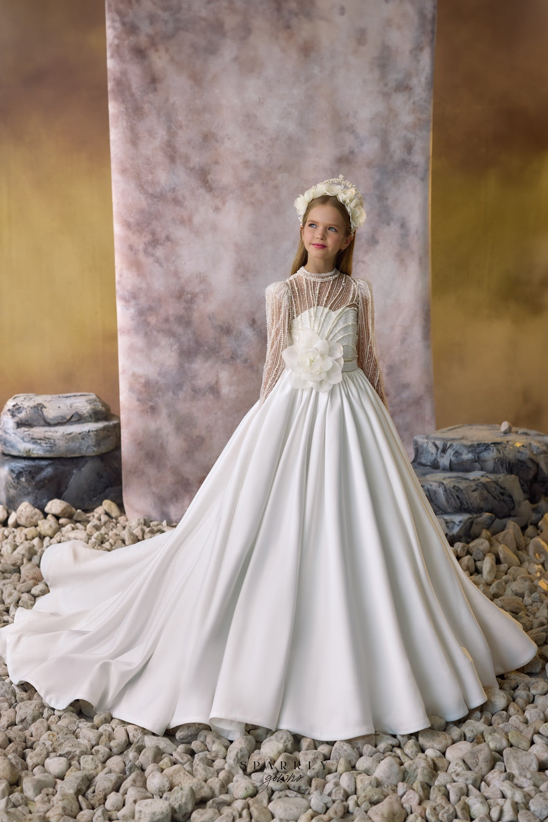 long sleeve celestial dress Floral Appliques Long Sleeves Girl First Communion Dress Celestial 3415 Pre-order7-8 years / Ivory