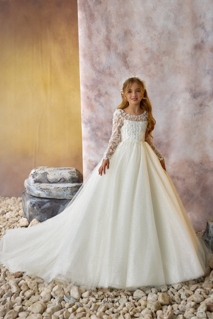 Embellished Communion Flower Girl Dress Celestial 3719 Pre- oder 9-10 years / White (with another lace)