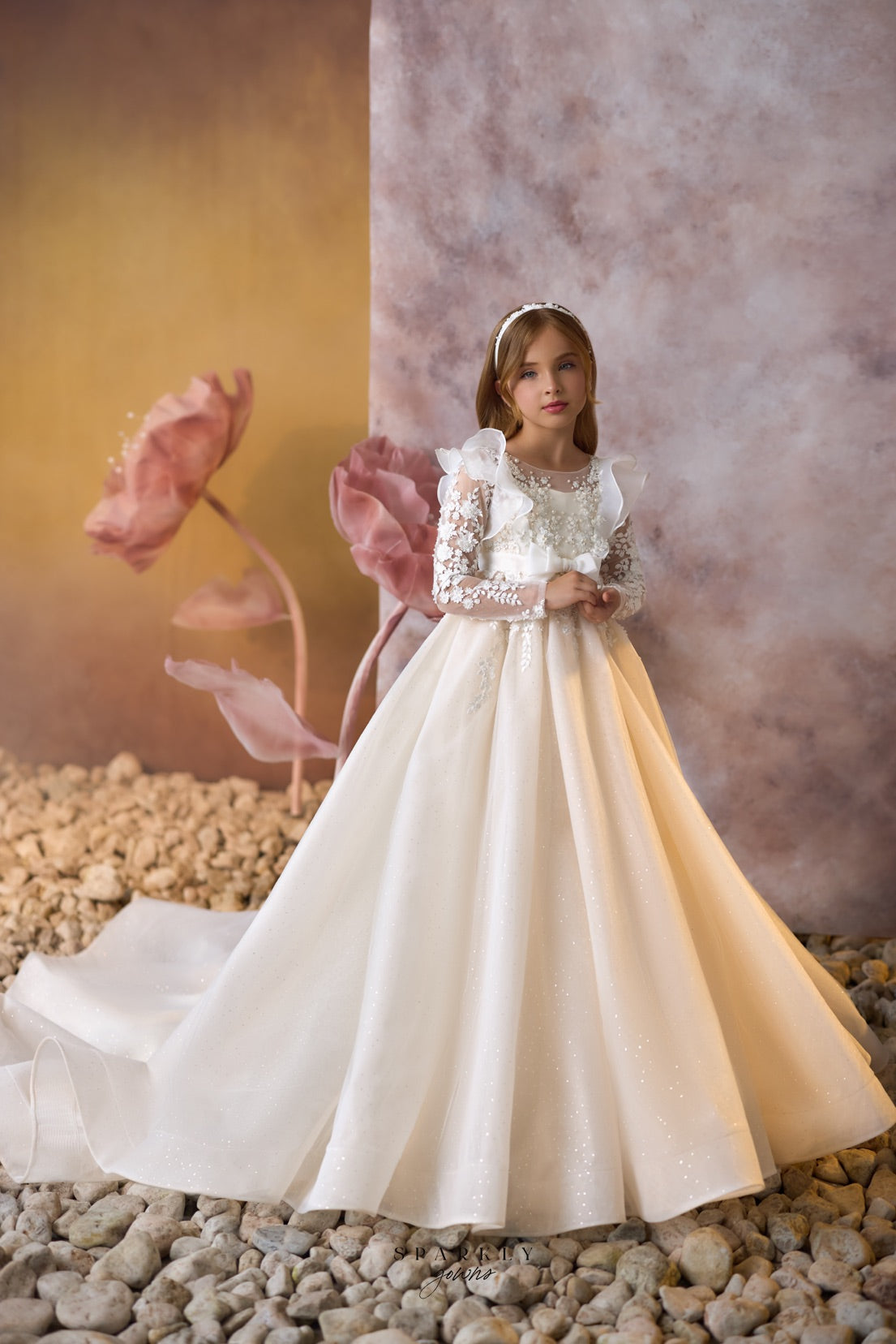 gold flower girl dresses long sleeve Long Sleeves Communion Flower Girl Dress Celestial 3704 5-6 years / Ivory