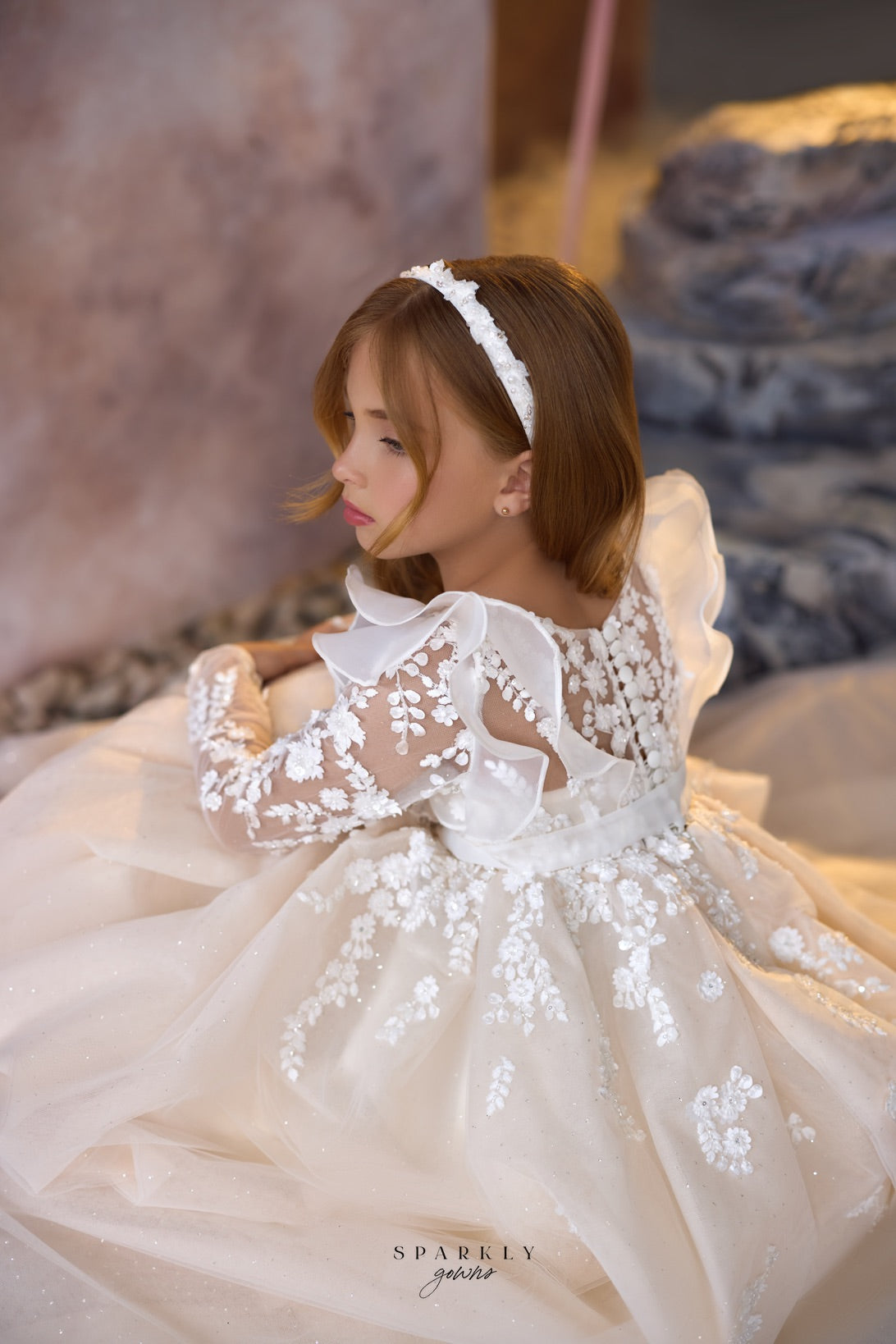 long sleeve heart back flower girl dress Handmade Tulle Flower Girl Dress: Heart Back, Satin Bow Sash