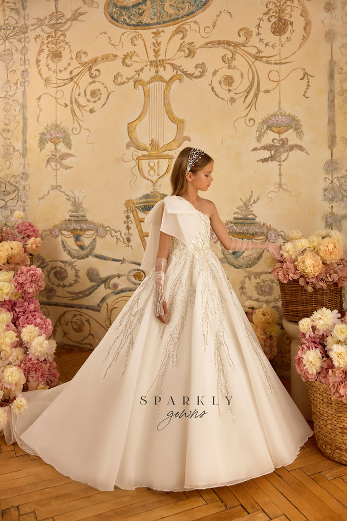 One Shoulder Communion Flower Girl Dress Celestial 3808 Pre order 5-6 years / Cappuccino (Moccasin) One Shoulder Communion Flower Girl Dress Celestial 3808 Pre order 5-6 years / Cappuccino (Moccasin)
