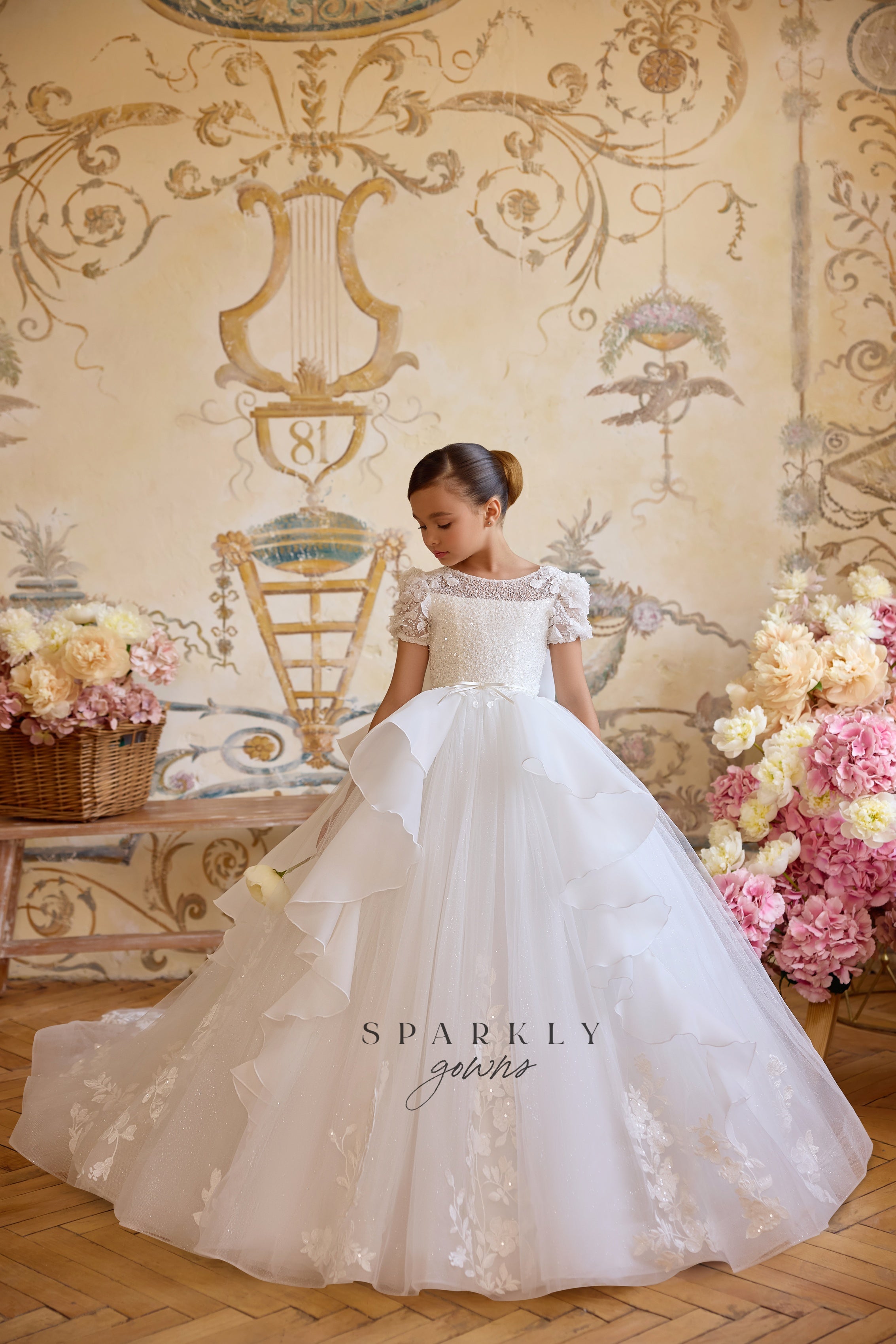 short sleeve flower girl dress Ivory Jewel Neck Short Sleeves Lace Formal Kids Pageant flower girl dresses, Ivory / 2 Years old