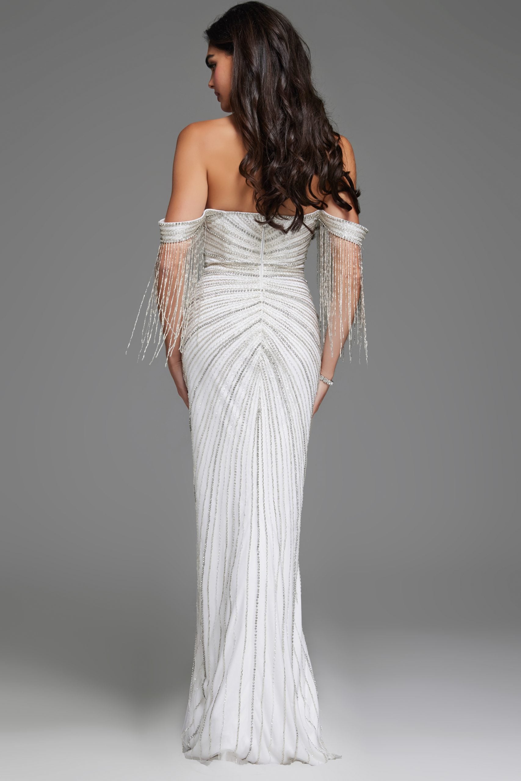 Beaded Off-Shoulder Gown By Jovani 38274 6 / White