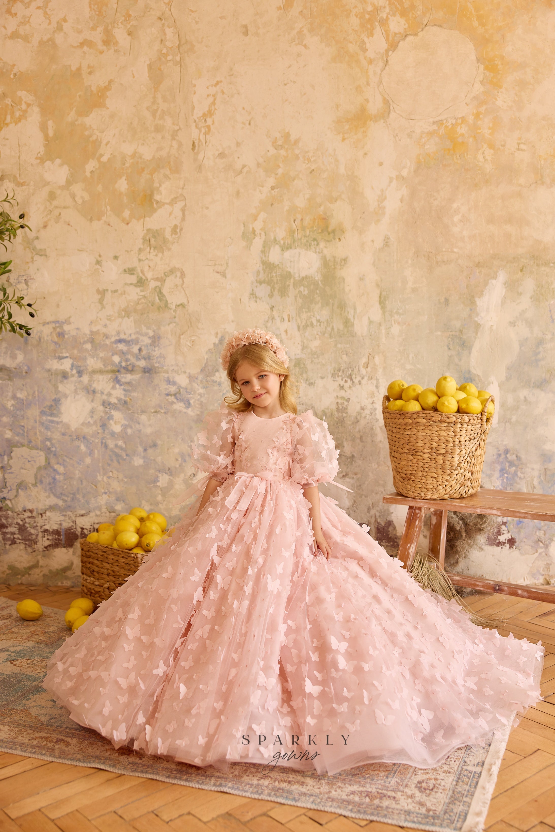 gold flower girl dress with Long Sleeves sparkling gem is like something made of a fairy tale Sweetheart Bodice Long Flower Girl