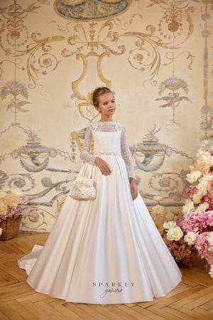 Elegante falda sin mangas de una línea vestido de una línea vestido de comunión de niña de flores Celestial 3229
