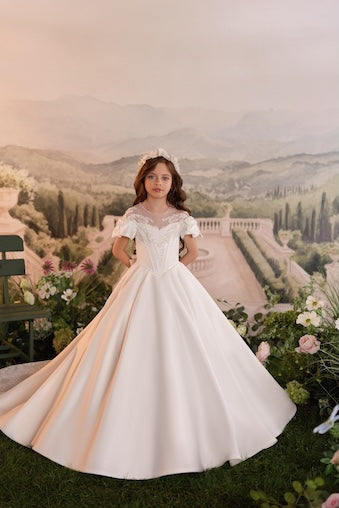 Celestial 3907 Short Sleeves Satin First Communion Flower Girl Dress