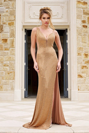 Jovani 42024 Gold Embellished Gown with Plunging Neckline