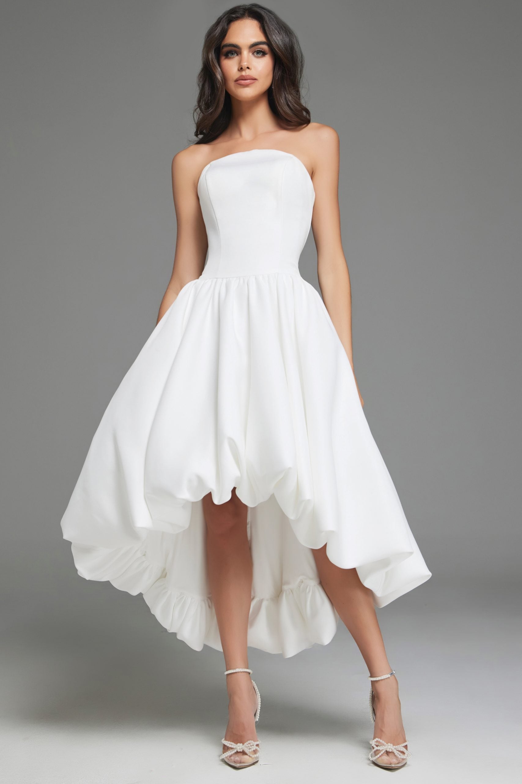 Jovani 42345 Pleated High Low Ball Gown Formal Prom Dress - Off White / 4 Jovani 42345 Pleated High Low Ball Gown Formal Prom Dress - Off White / 4
