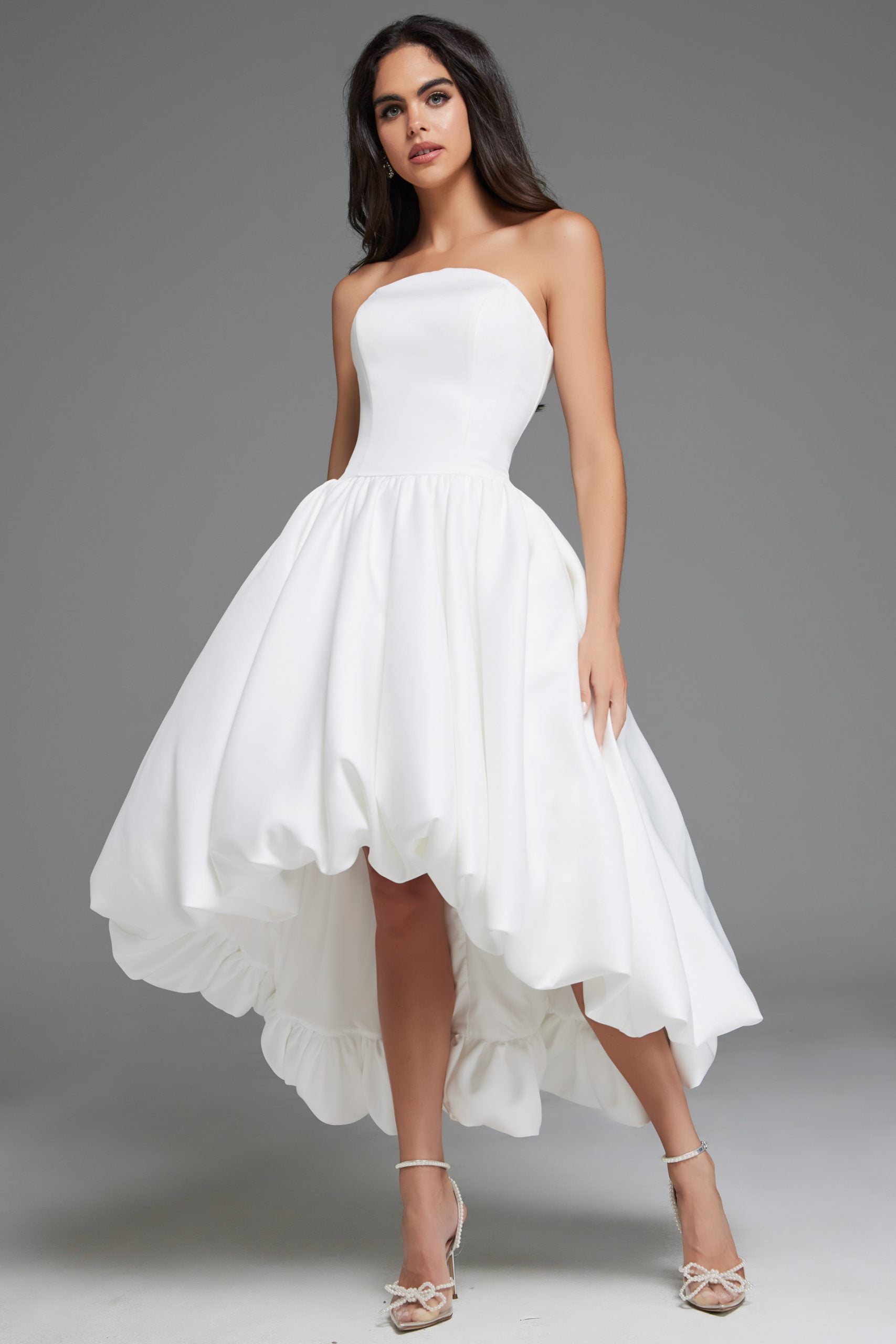 Strapless High-Low Wedding Dress By Jovani 42345 4 / White Strapless High-Low Wedding Dress By Jovani 42345 4 / White