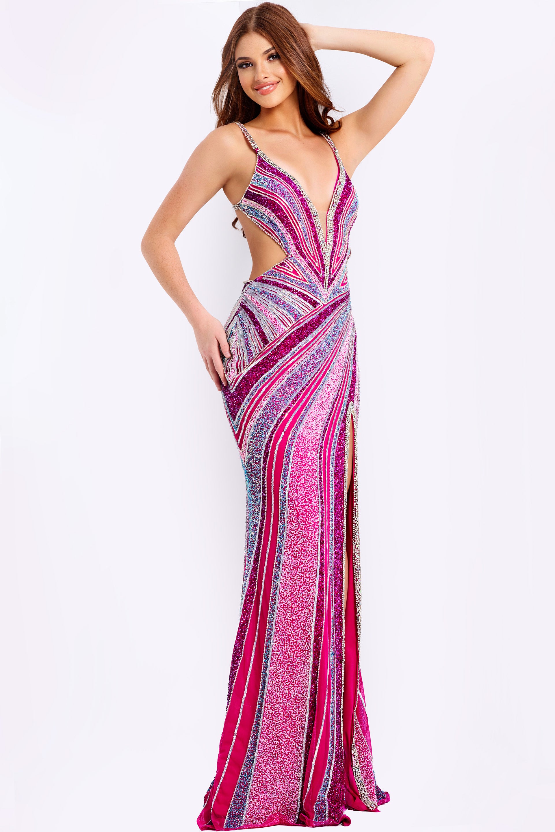 Jovani 46206 Beaded Open Back Dress with High Slit Green / 8 Jovani 46206 Beaded Open Back Dress with High Slit Green / 8