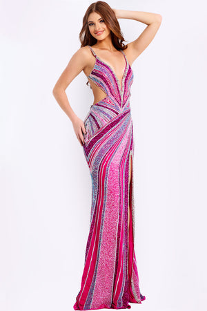 Jovani 46206 Beaded Open Back Dress With High Slit