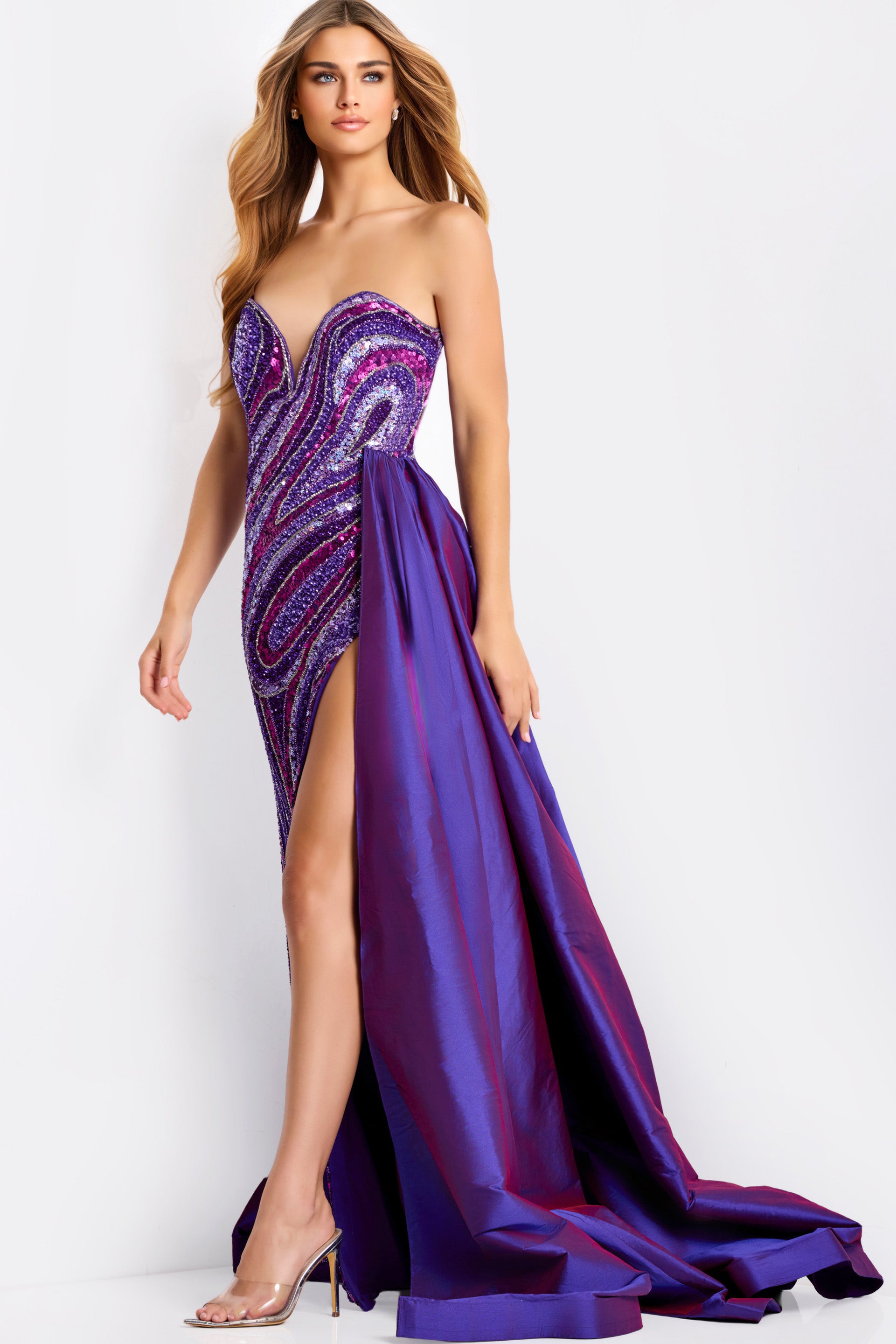 Jovani 49226 Strapless Sequin Gown with Overskirt and High Slit Sparkly Gowns Jovani 49226 Strapless Sequin Gown with Overskirt and High Slit Sparkly Gowns