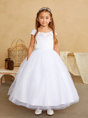 llusion Boat Neckline with Lace Applique First Communion Gown 5842B