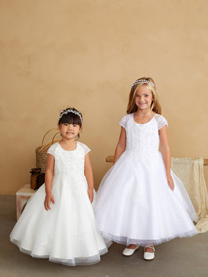 Cap Sleeves Lace Applique with Overlay Skirt First Communion Gown 5847