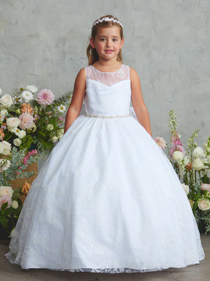Illusion Neckline Glitter Floral First Communion Flower Girl Gown 5866