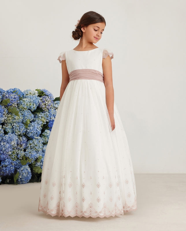 Embroidered Tulle Spanish Communion Gown Amaya 587014MD Quick Delivery 10 / Ivory/ Pink / Short Sleeves Embroidered Tulle Spanish Communion Gown Amaya 587014MD Quick Delivery 10 / Ivory/ Pink / Short Sleeves