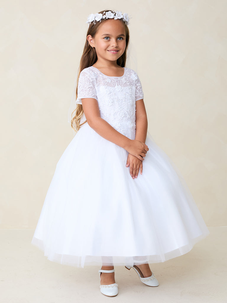 Short  Sleeves Lace First Communion Gown 5883
