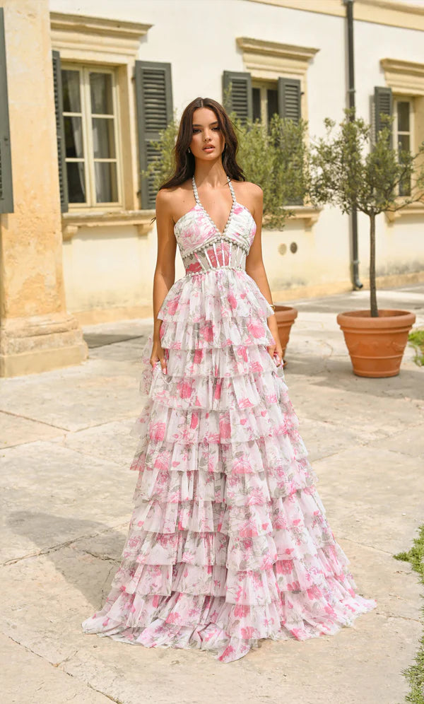 Alyce Paris Style 61730 Elegant Halter Neckline A-Line Gown White / Pink / 10 Alyce Paris Style 61730 Elegant Halter Neckline A-Line Gown White / Pink / 10