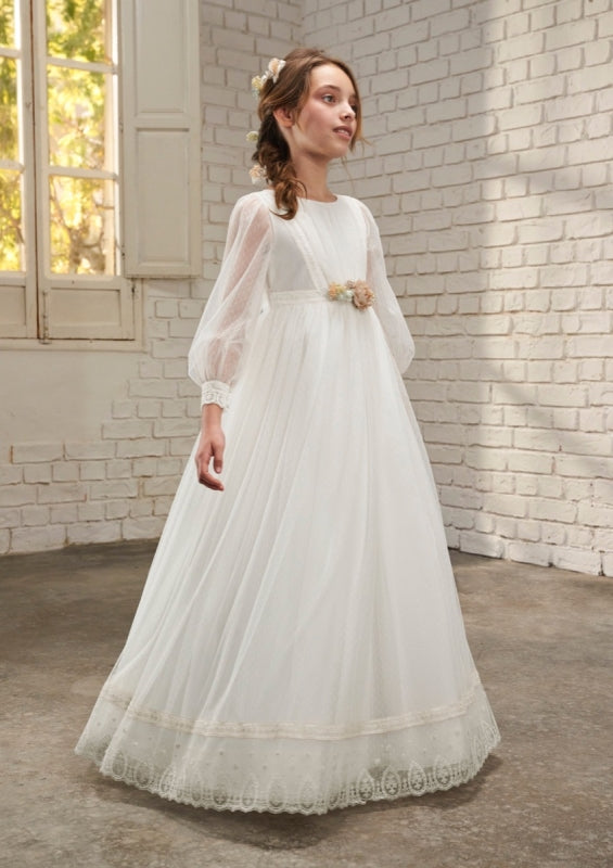 Long Sleeves Tulle Spanish Communion Gown Amaya 637001 Esencia Off-White / Tan / Pre-order 10 / Short Long Sleeves Tulle Spanish Communion Gown Amaya 637001 Esencia Off-White / Tan / Pre-order 10 / Short