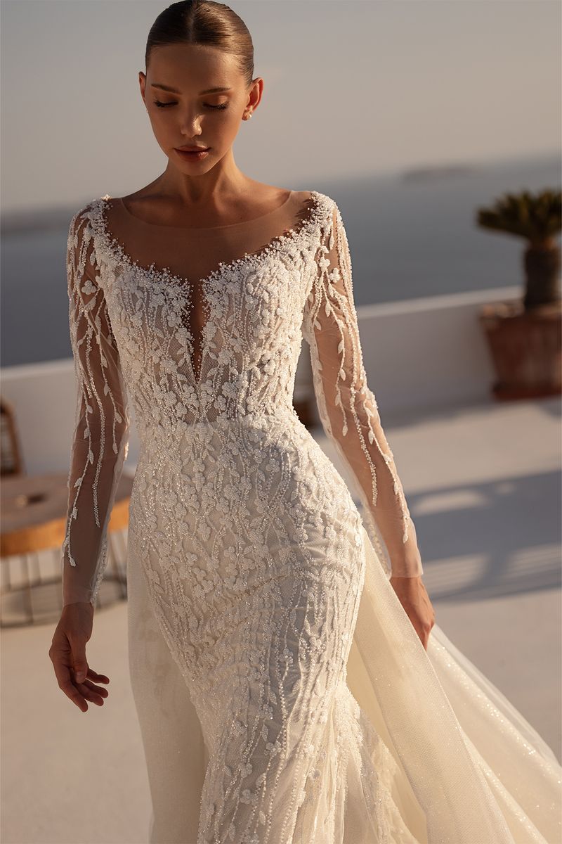 long sleeve overskirt wedding dress Long Sleeve Illusion lace Top Detachable Overskirt Wedding Dresses, AB AlineBridal