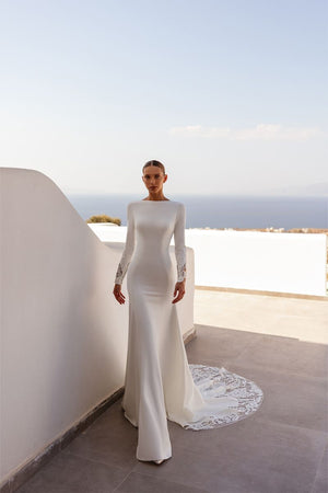 Long Sleeves Boat Neckline Wedding Dress Santorini 5724