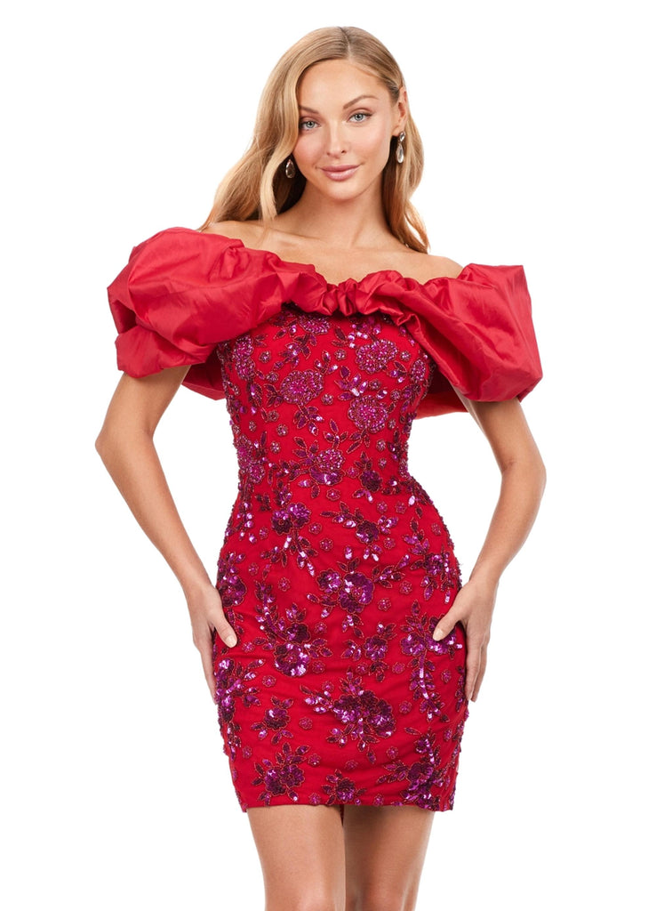 Ashley Lauren 4613 Beaded Off Shoulder Cocktail Dress with Oversized Ruffle