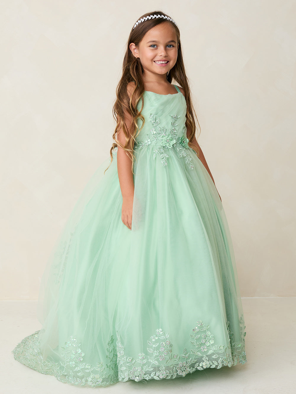 Girls Pleated Bodice with Irridescent Lace 7041 Sage (DarkSeaGreen) / 2 Girls Pleated Bodice with Irridescent Lace 7041 Sage (DarkSeaGreen) / 2